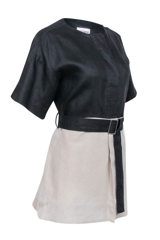 Current Boutique-Matthew Bruch - Black & Beige Linen Belted Dress Sz 2