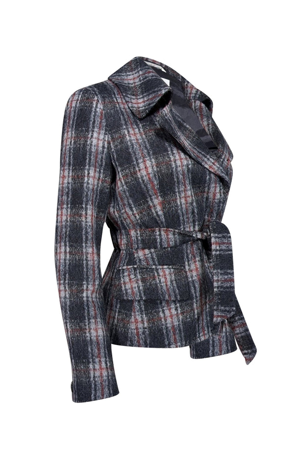 Current Boutique-Max Mara - Grey Plaid Waist Tie Jacket Sz 4