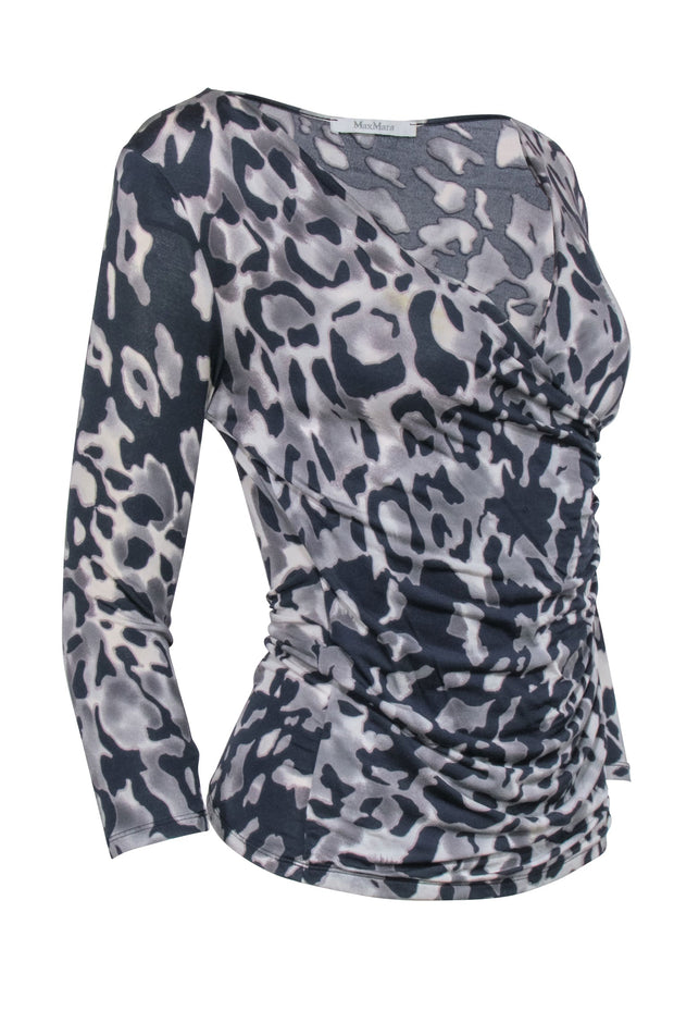 Current Boutique-Max Mara - Taupe Grey Leopard Print Surplice Top Sz S