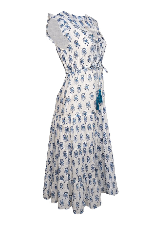 Current Boutique-Mer St. Barth - White w/ Blue Floral Print Cotton Voile Maxi Dress Sz S