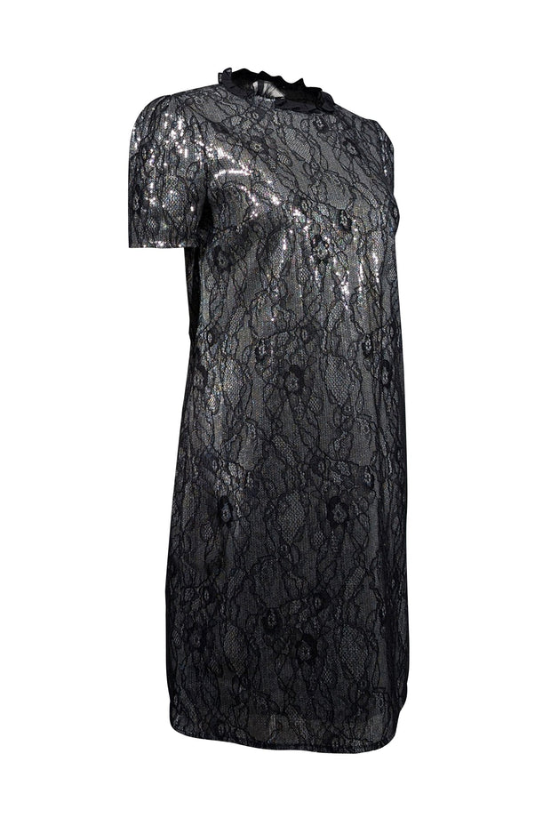 Current Boutique-Michael Kors - Silver & Black Sequined Floral Lace Shift Dress Sz M