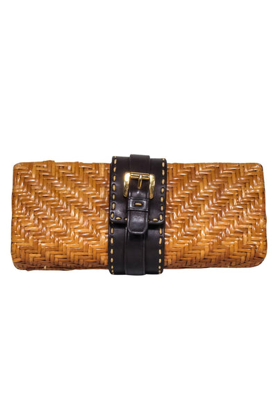 Current Boutique-Michael Kors - Tan Woven Clutch w/ Brown Leather Buckle Front