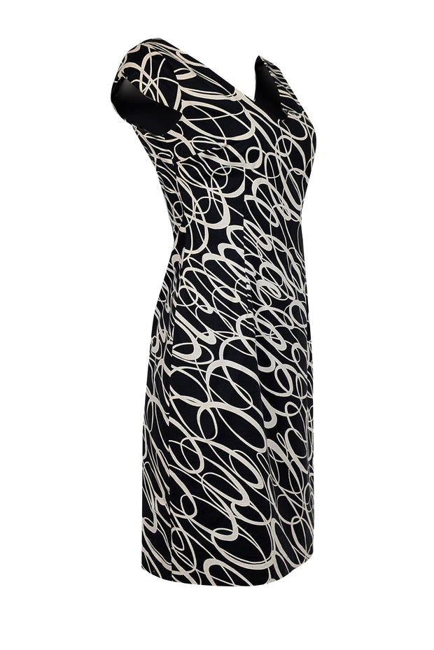 Current Boutique-Milly - Black & Ivory Swirl Print Cocktail Knee Length Dress Sz 4