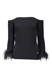 Current Boutique-Milly - Black Off-The-Shoulder Faux Feather-Trim Top Sz M