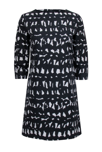 Current Boutique-Milly - Black w/ Ivory Abstract Print Shift Dress w/ Leather Accent Sz 4