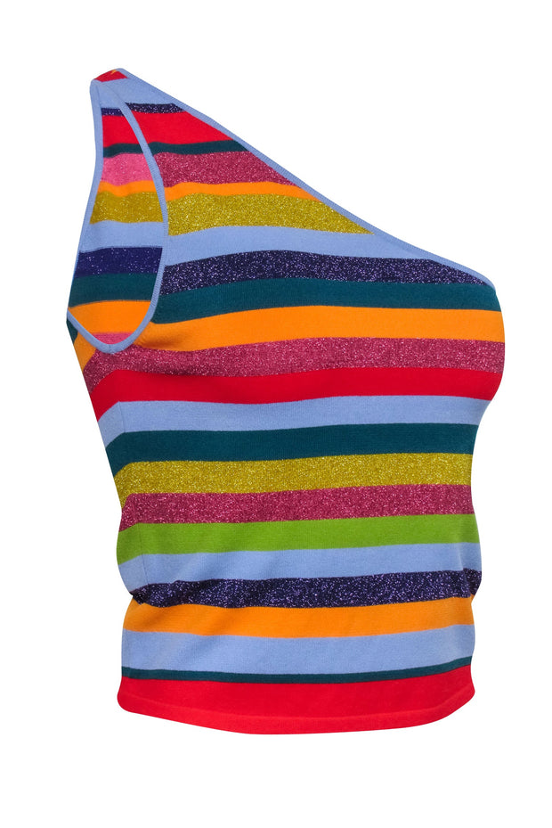 Current Boutique-Milly - Blue, Red, & Multi Color Rainbow Sleeveless One Shoulder Top Sz L