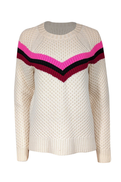 Current Boutique-Milly - Cream Wool Blend Popcorn Stitch Sweater w/ Varsity Stripes Sz L