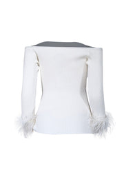 Current Boutique-Milly - Ecru White Off-The-Shoulder Faux Feather-Trim Top Sz M