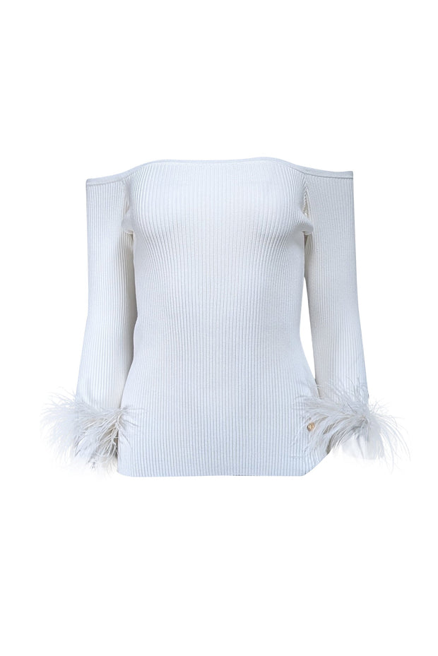 Current Boutique-Milly - Ecru White Off-The-Shoulder Faux Feather-Trim Top Sz M