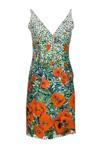 Current Boutique-Milly - Green, Orange, & White Floral Print Sleeveless Cocktail Dress Sz 6