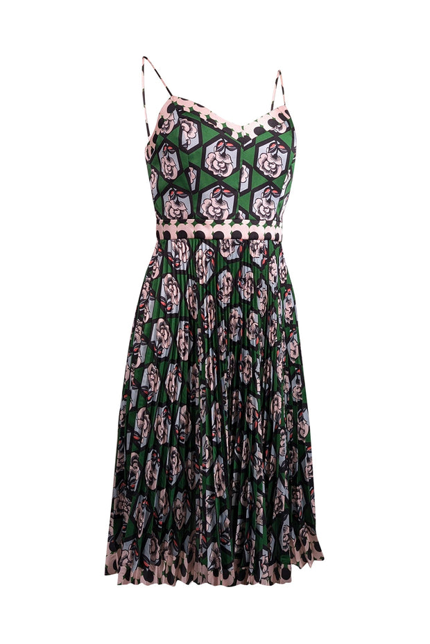 Current Boutique-Milly - Green w/ Multicolor Hexagon Floral Print Pleated Dress Sz 2