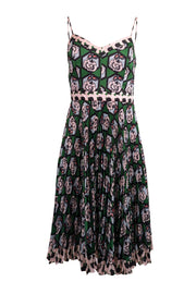 Current Boutique-Milly - Green w/ Multicolor Hexagon Floral Print Pleated Dress Sz 2