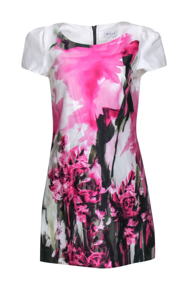 Current Boutique-Milly - Ivory, Pink, & Black "Painted Floral Chloe" Cap Sleeve Dress Sz 6