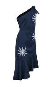 Current Boutique-Milly - Navy Poplin One Shoulder Dress w/ White Embroidery Sz 12