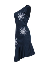 Current Boutique-Milly - Navy Poplin One Shoulder Dress w/ White Embroidery Sz 12