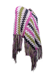 Current Boutique-Milly - Pink, White, Green, & Black Wool Fringe Trim Poncho One Size