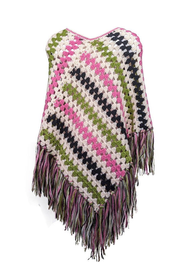 Current Boutique-Milly - Pink, White, Green, & Black Wool Fringe Trim Poncho One Size