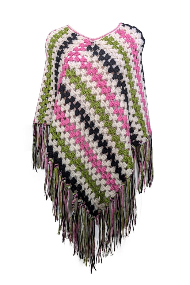 Current Boutique-Milly - Pink, White, Green, & Black Wool Fringe Trim Poncho One Size