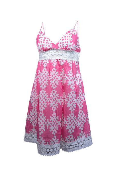 Current Boutique-Milly - Pink & White Print Sleeveless Dress w/ Eyelet Trim Sz 2