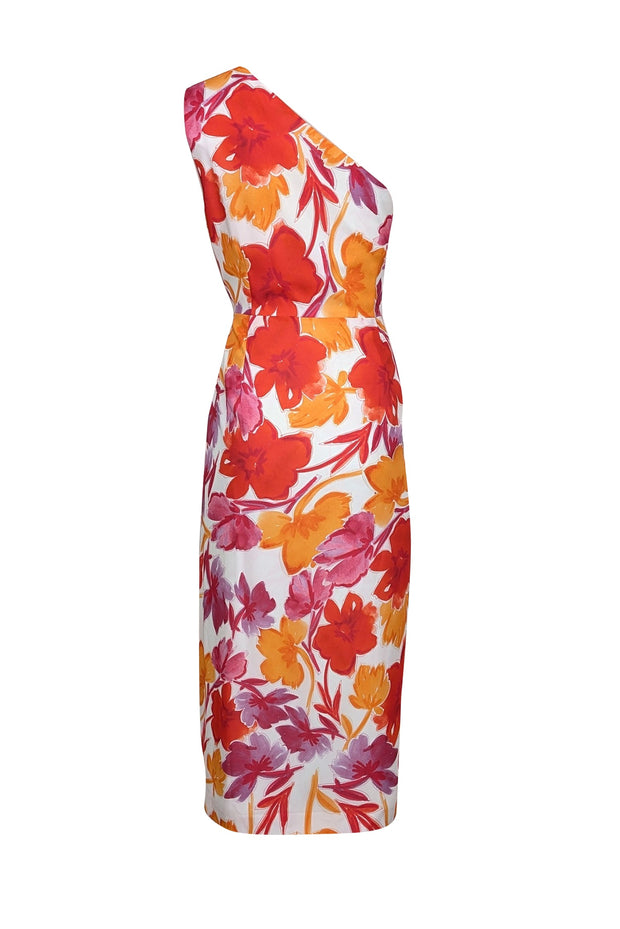 Current Boutique-Milly - White w/ Orange & Pink Floral Print One Shoulder Dress Sz 12