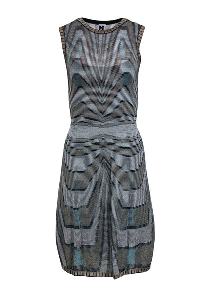 Current Boutique-Missoni - Beige, Black & Blue Metallic Chevron Pattern Sleeveless Dress Sz 4