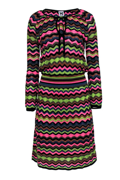 Current Boutique-Missoni - Black Knit Midi Dress w/ Multi-Color Wave Pattern Sz 10