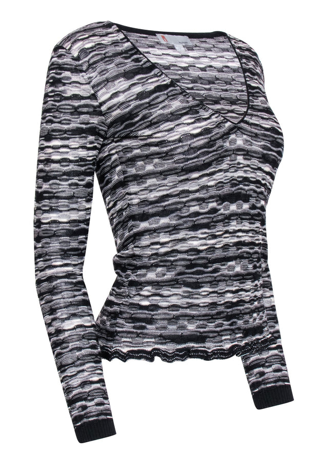 Current Boutique-Missoni - Black w/ Grey & White Textured Stripe Long Sleeve Top Sz S