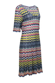 Current Boutique-Missoni - Blue Knit Dress w/ Multicolor Metallic Wave Pattern Sz 12