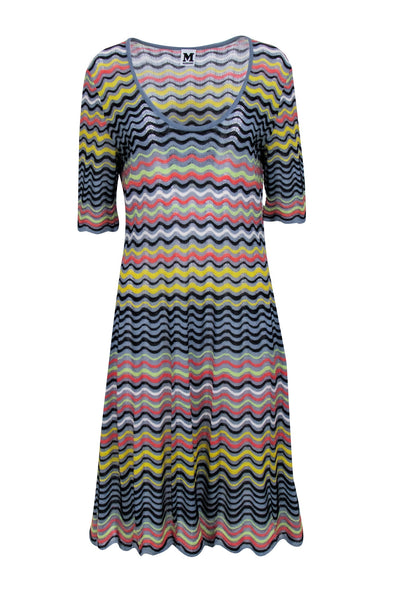 Current Boutique-Missoni - Blue Knit Dress w/ Multicolor Metallic Wave Pattern Sz 12