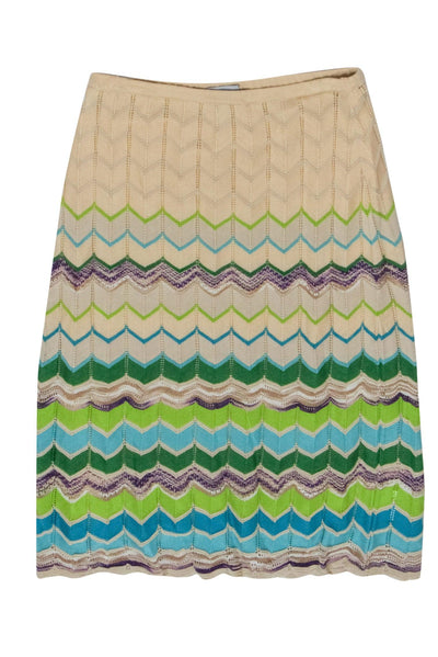 Current Boutique-Missoni - Cream, Blue & Green Chevron Woven Skirt Sz 10
