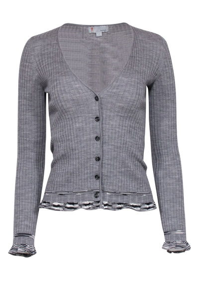 Current Boutique-Missoni - Grey Wool Blend Ribbed Cardigan w/ Ruffled Trim Sz 4