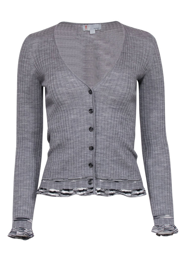 Current Boutique-Missoni - Grey Wool Blend Ribbed Cardigan w/ Ruffled Trim Sz 4