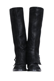 Current Boutique-Miu Miu - Black Oil Slick Leather Fold Over Zipper Tall Boots Sz 7.5