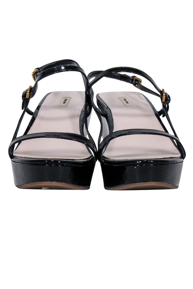 Current Boutique-Miu Miu - Black Patent Leather Platform Wedge Sandals Sz 9.5