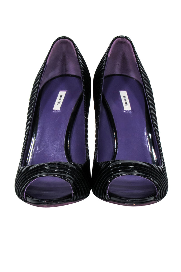 Current Boutique-Miu Miu - Black Pleated Patent Leather Embellished Heels Sz 8.5