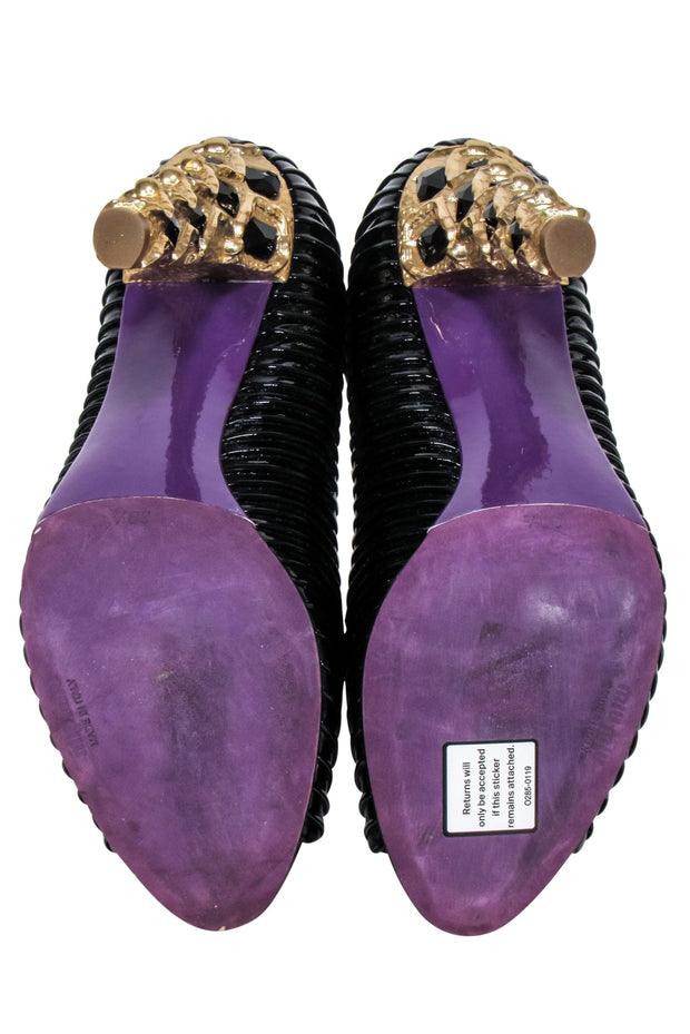 Current Boutique-Miu Miu - Black Pleated Patent Leather Embellished Heels Sz 8.5