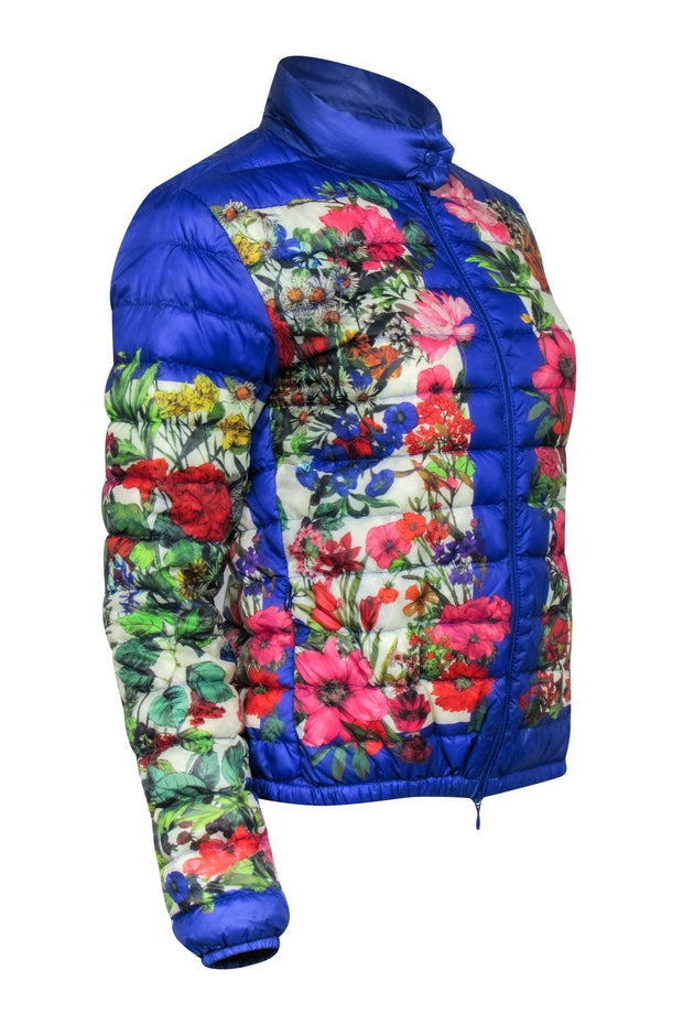 Current Boutique-Moncler - Blue Puffer Jacket w/ Multi-Colored Floral Print Sz 2