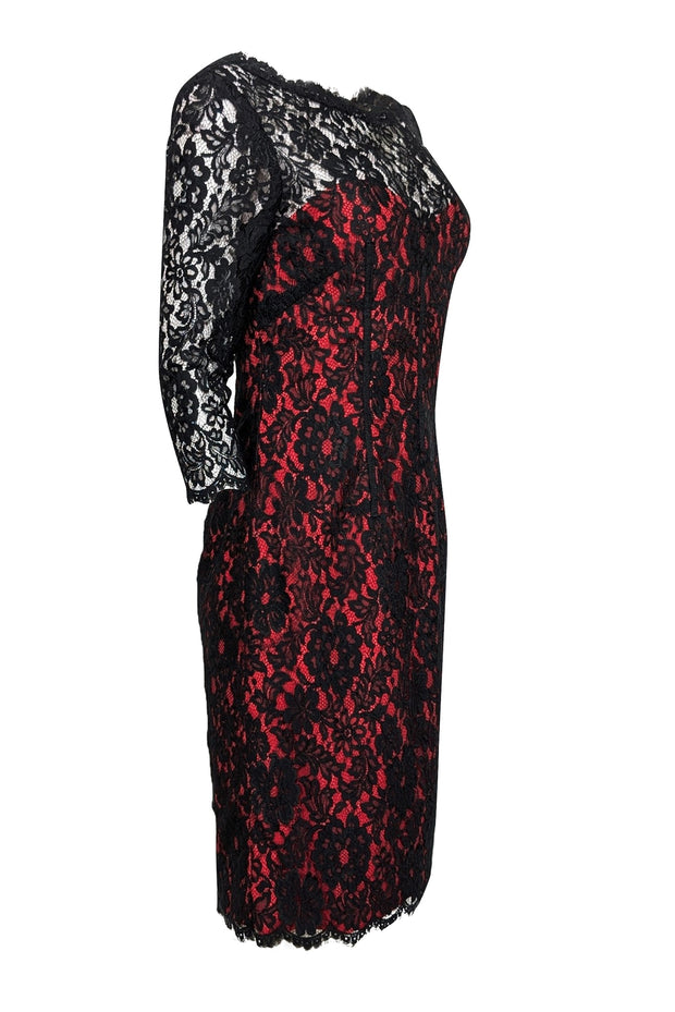 Current Boutique-Monique Lhuillier - Black Lace w/ Red Underlay Open Back Cocktail Dress Sz 8