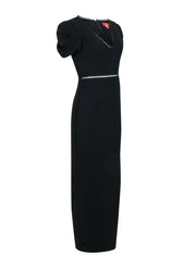 Current Boutique-Monique Lhuillier - Black Short Sleeve Black Gown w/ Eyelet Trim Sz 8