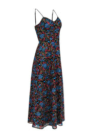 Current Boutique-Monique Lhuillier - Black w/ Blue, Red & Green Floral Embroidery Midi Dress Sz 2