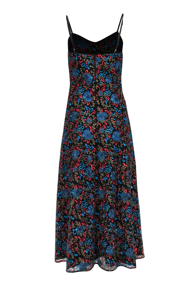Current Boutique-Monique Lhuillier - Black w/ Blue, Red & Green Floral Embroidery Midi Dress Sz 2