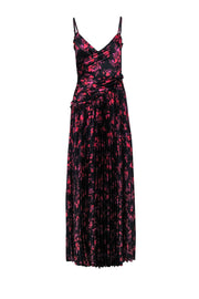 Current Boutique-Monique Lhuillier - Black w/ Pink & Purple Floral Print Pleated Formal Dress Sz 2