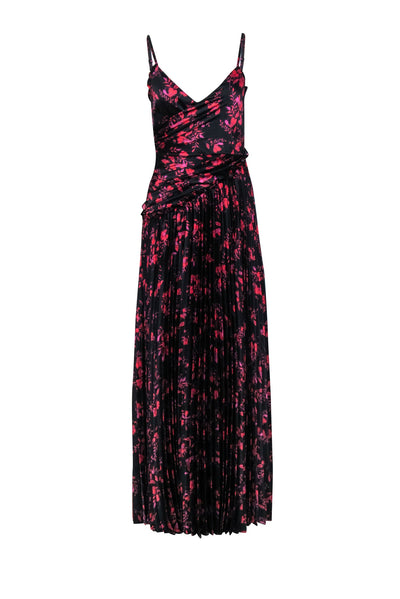 Monique Lhuillier - Black w/ Pink & Purple Floral Print Pleated Formal Dress Sz 2