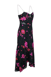 Current Boutique-Monique Lhuillier - Black w/ Pink & Red Floral Lace High-Low Dress Sz 8