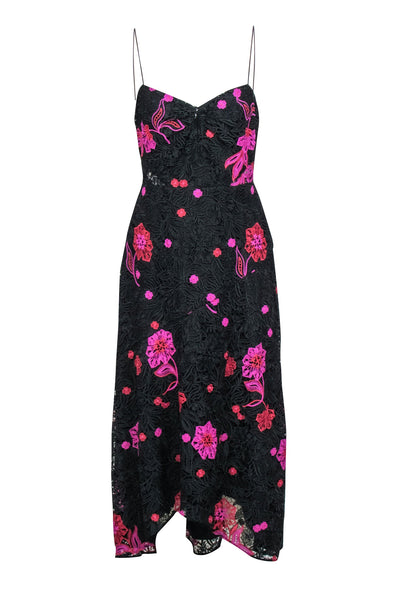 Current Boutique-Monique Lhuillier - Black w/ Pink & Red Floral Lace High-Low Dress Sz 8
