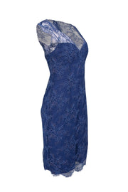 Current Boutique-Monique Lhuillier - Blue Sleeveless Floral Embroidered Lace Sheath Dress Sz 6