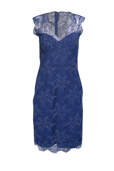 Current Boutique-Monique Lhuillier - Blue Sleeveless Floral Embroidered Lace Sheath Dress Sz 6