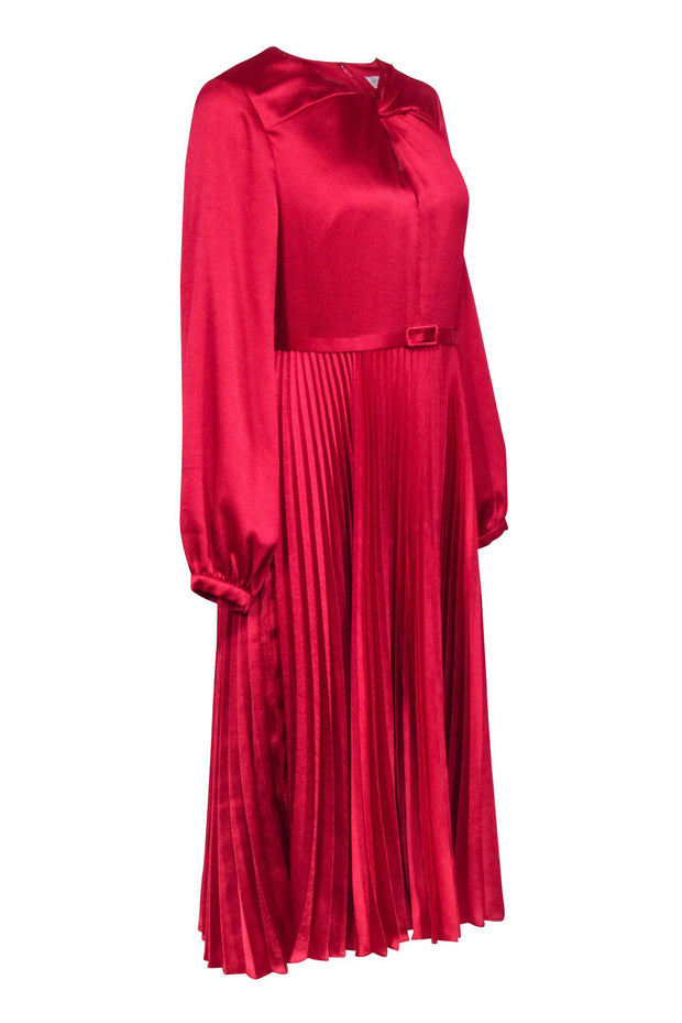 Current Boutique-Monique Lhuillier - Fuschia Hammered Satin Pleated Dress w/ Belt Sz 10
