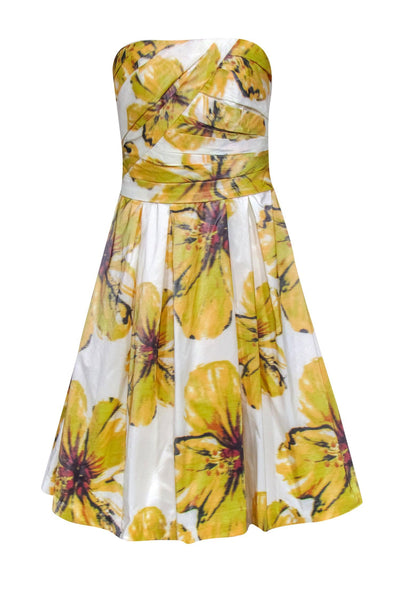Current Boutique-Monique Lhuillier - Yellow & White Floral Strapless Dress Sz 0