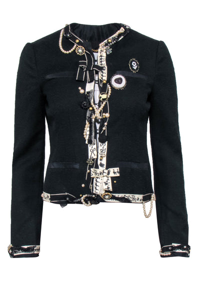 Current Boutique-Moschino - Black Tweed Pearl & Trim Embellished Blazer Sz 6